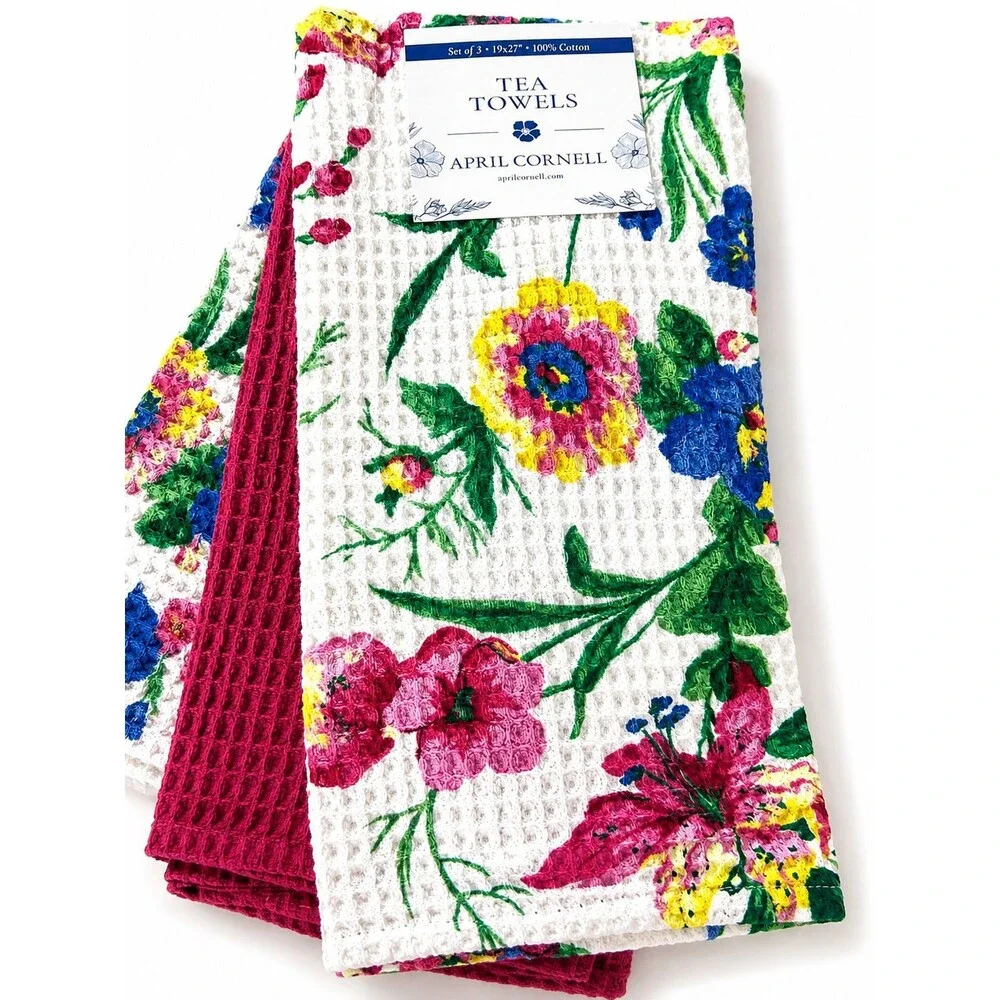 April Cornell Kitchen Dish Towels Set of 3 White Pink Blue Floral Waffle Weave